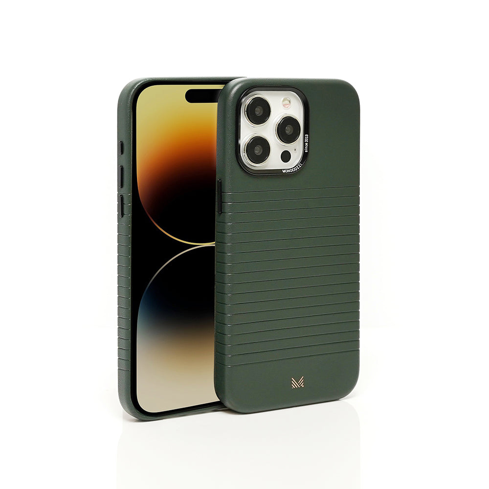 Monocozzi LUCID Refined | Magsafe Compatible SnapOn Biodegradable Leather Protective Case for iPhone 15 Pro Max (6.7") - Olive Night