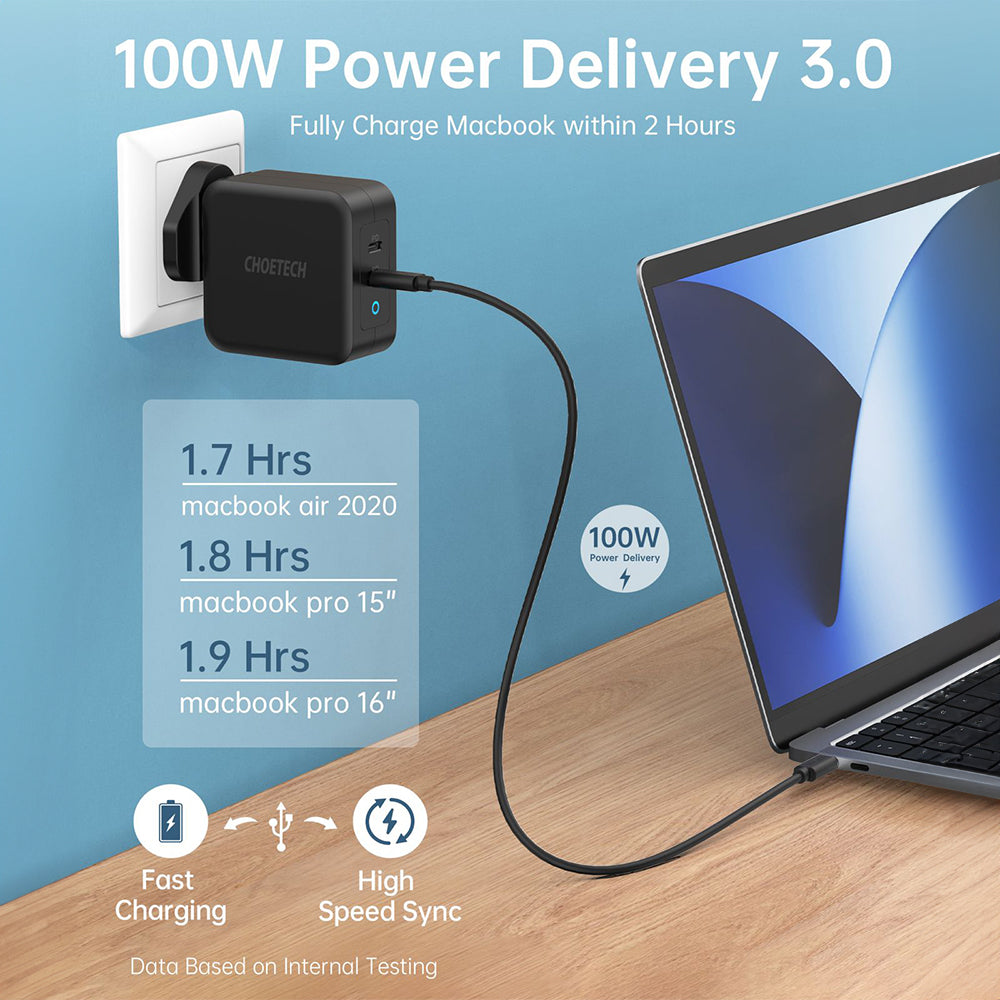 Choetech PD100W GaN Dual USB-C Wall Charger with C to C Cable (Black)