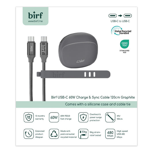 Birf Cable USB-C to C 60W Charge & Sync 120cm Graphite