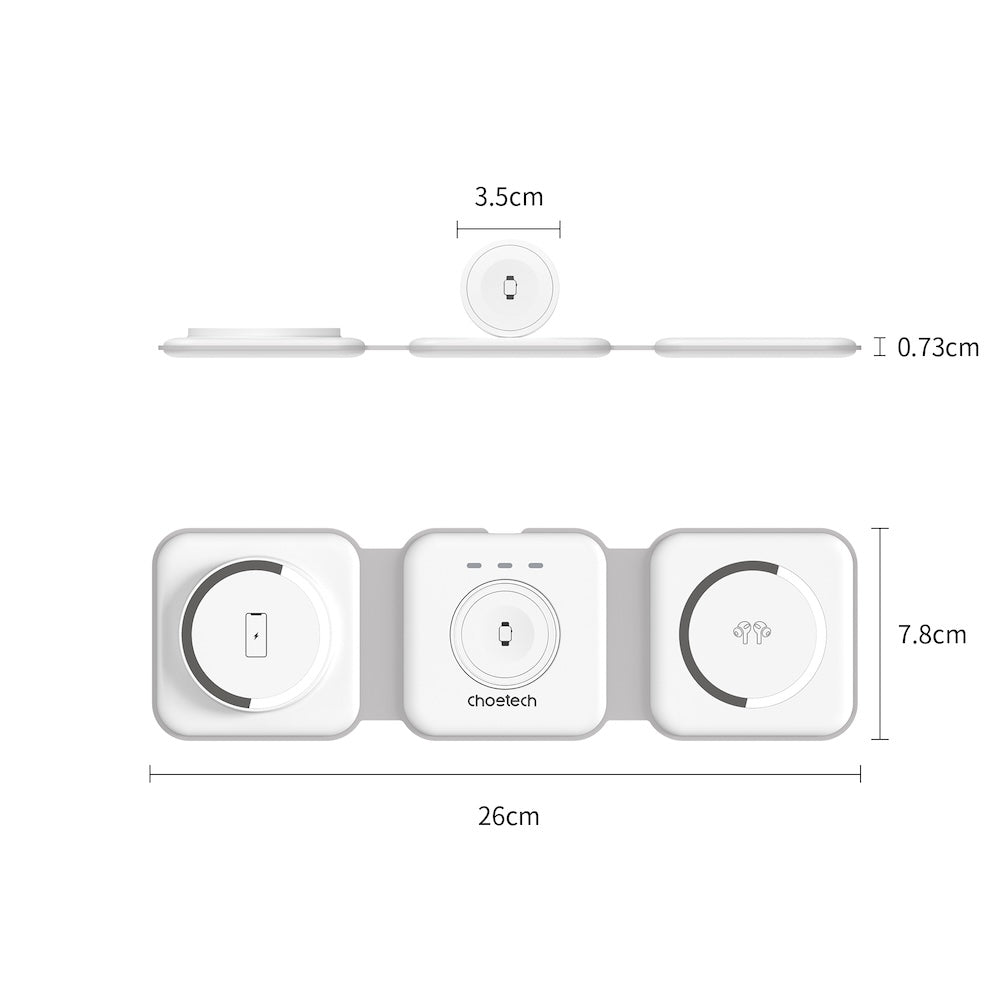 Choetech 3 in 1 Foldable and Portable Magnetic Wireless Charger White