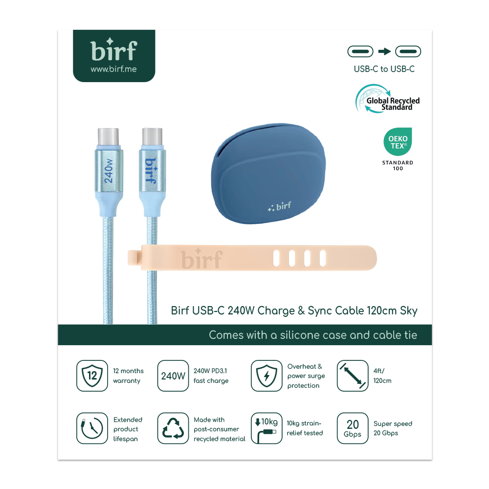 Birf Cable USB-C 240W Charge & Sync 120cm Sky