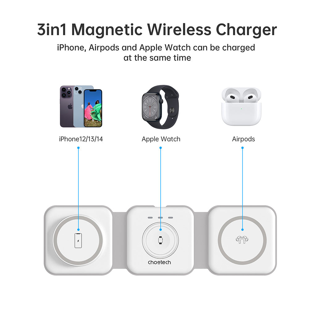 Choetech 3 in 1 Foldable and Portable Magnetic Wireless Charger White