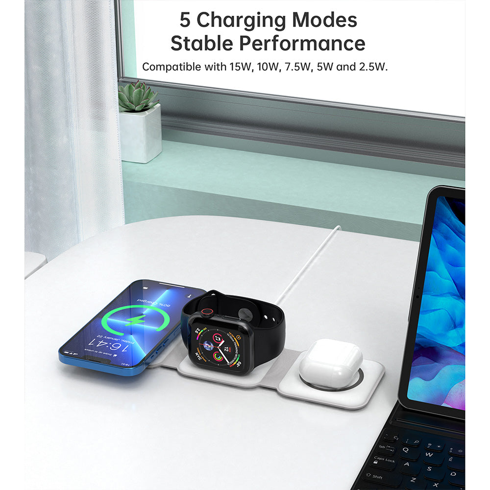 Choetech 3 in 1 Foldable and Portable Magnetic Wireless Charger White