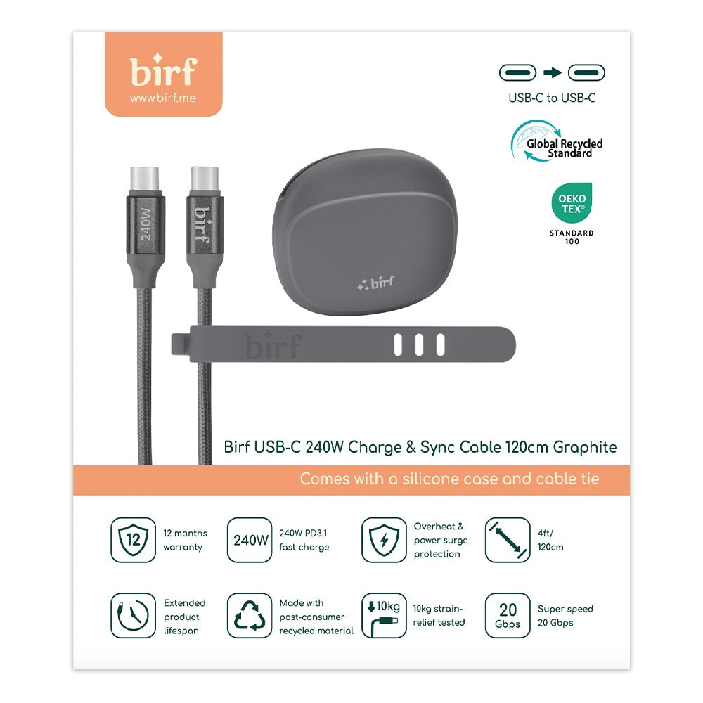 Birf Cable USB-C to C 240W Charge & Sync 120cm Graphite