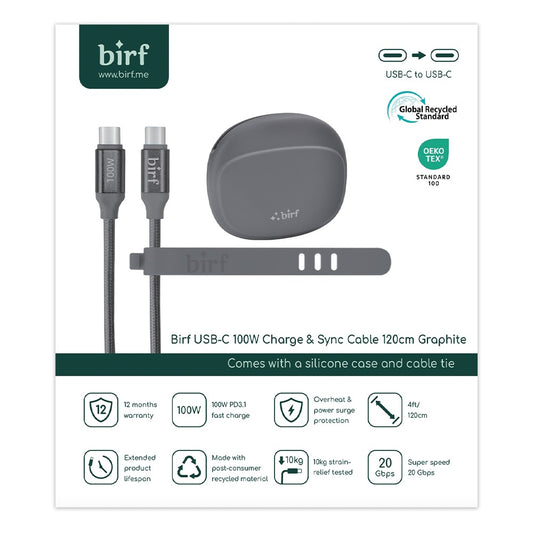 Birf Cable USB-C to C 100W Charge & Sync 120cm Graphite