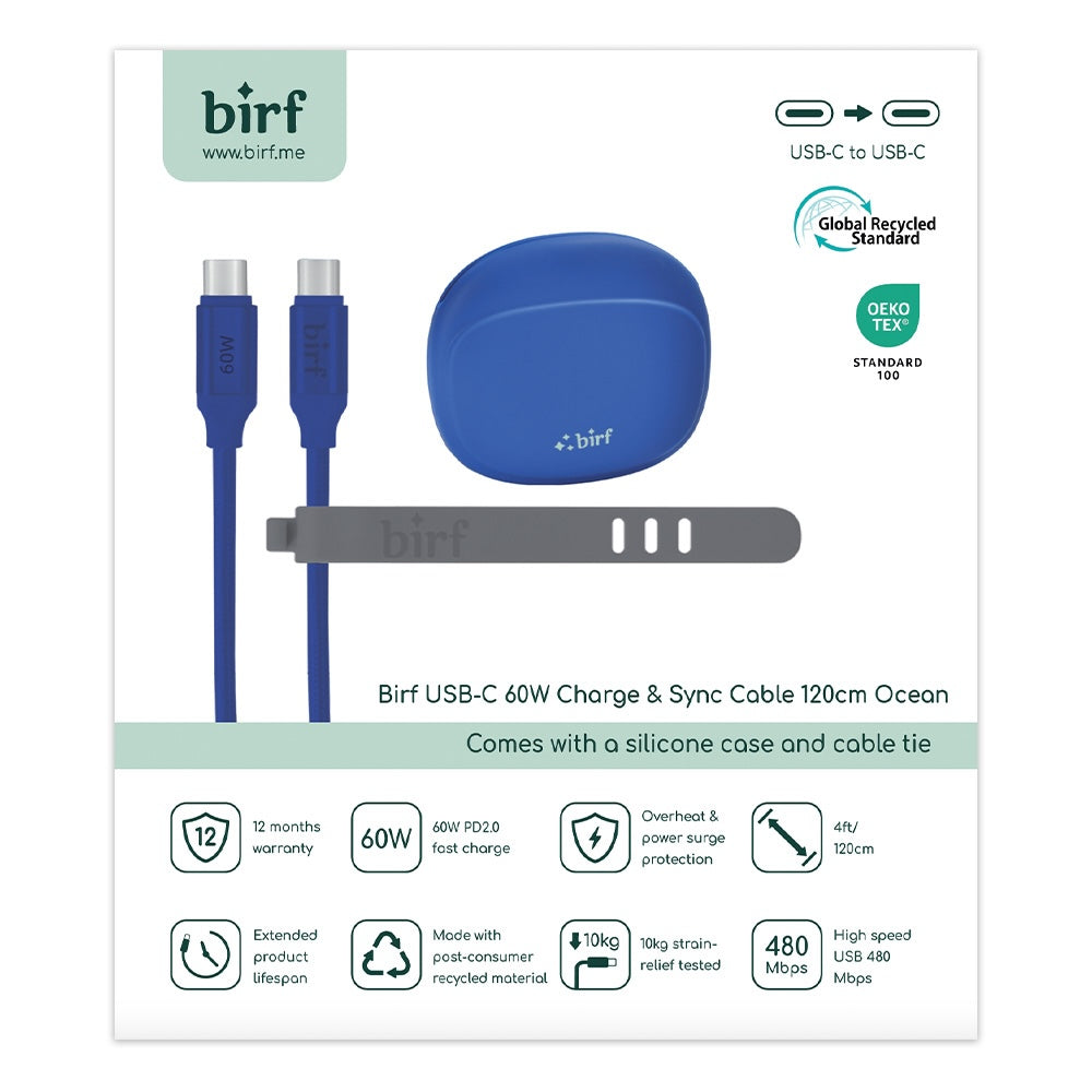 Birf Cable USB-C to C  60W Charge & Sync 120cm Ocean