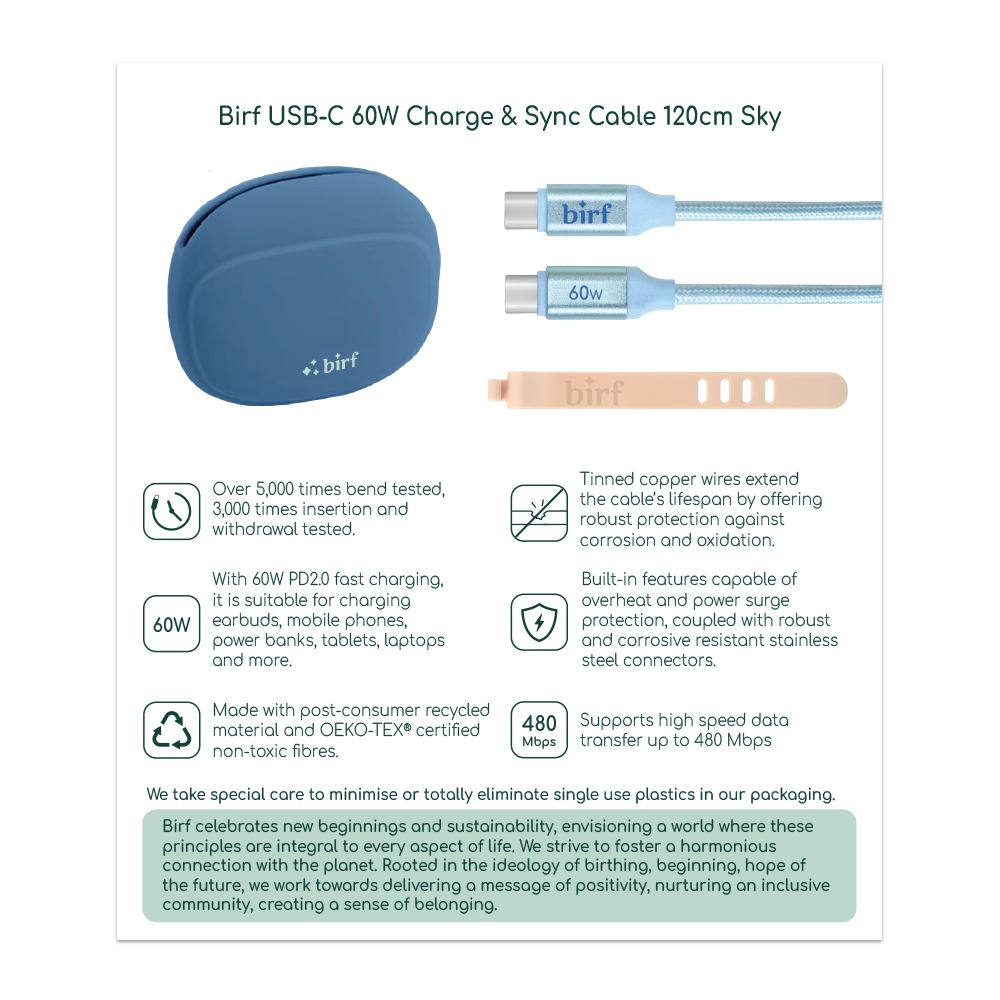 Birf Cable USB-C 60W Charge & Sync 120cm Sky