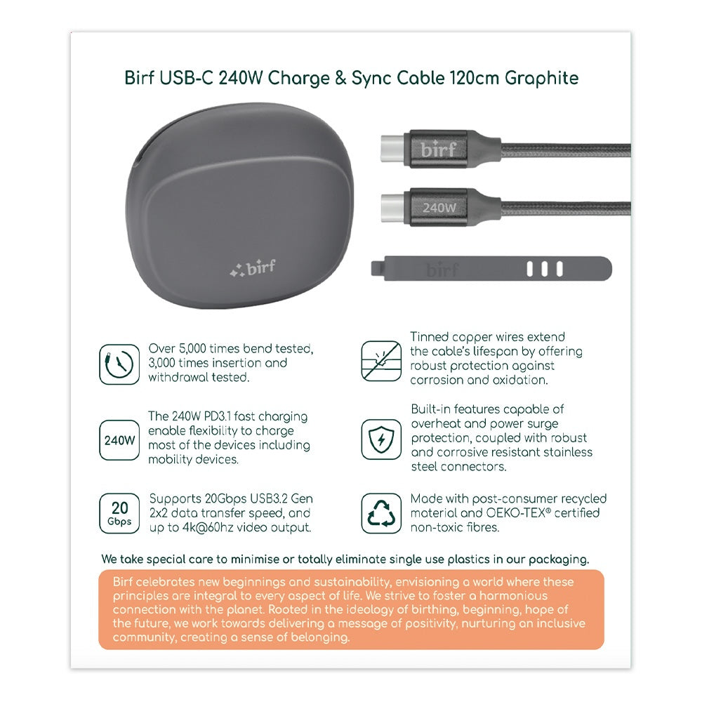 Birf Cable USB-C to C 240W Charge & Sync 120cm Graphite