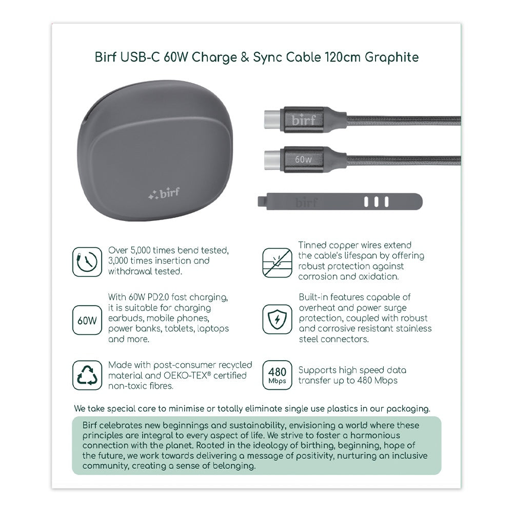 Birf Cable USB-C to C 60W Charge & Sync 120cm Graphite