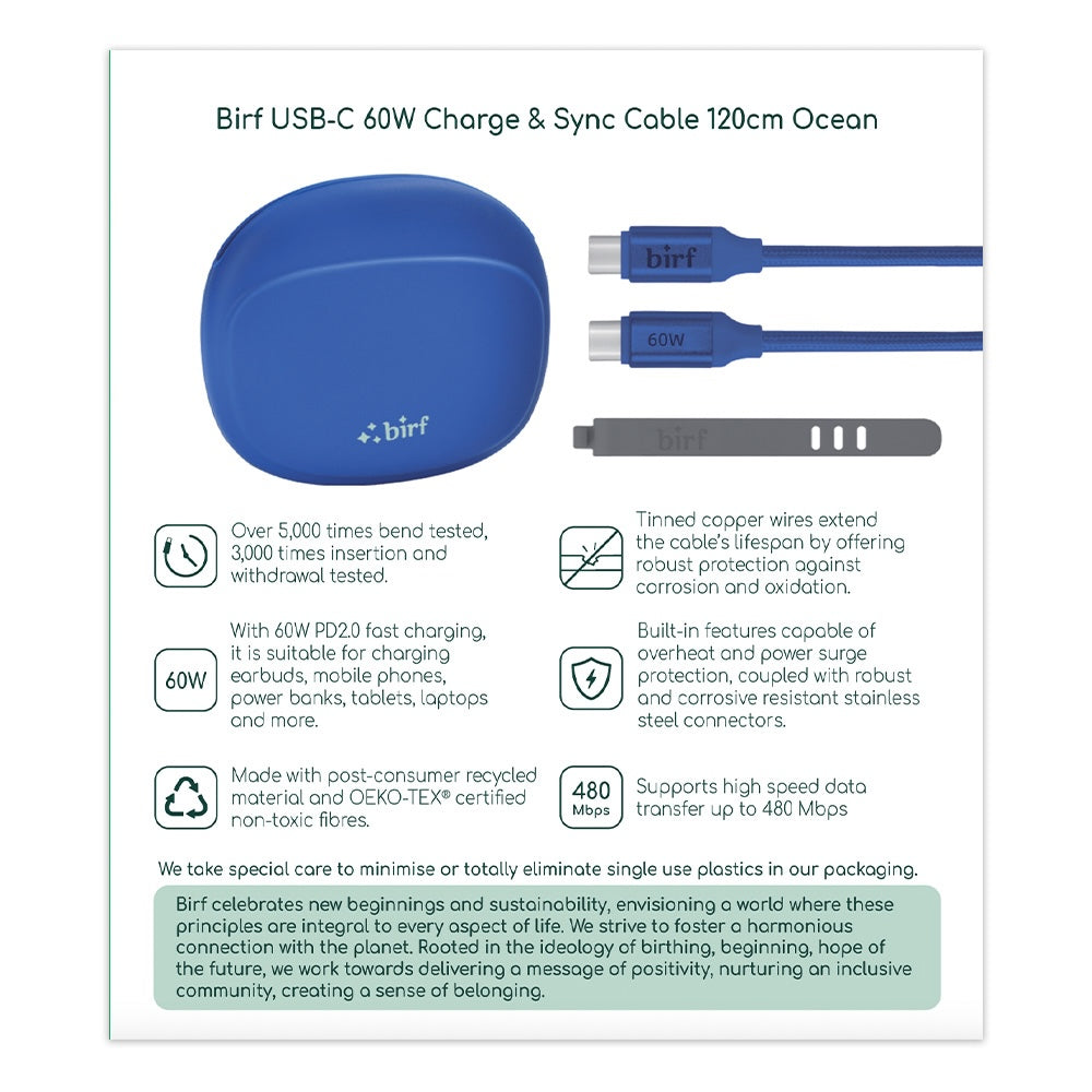 Birf Cable USB-C to C  60W Charge & Sync 120cm Ocean