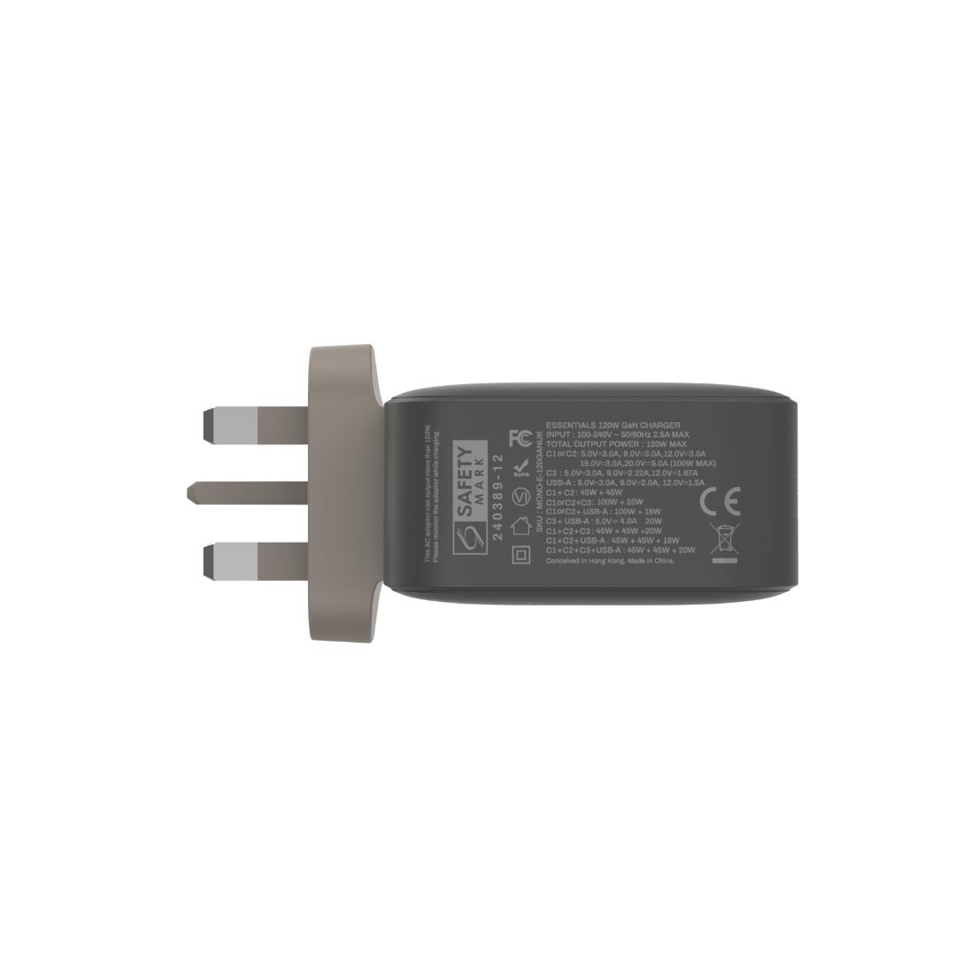 Monocozzi ESSENTIALS| 120W 3-Ports USB C USB A GaN Charger (UK) - Charcoal