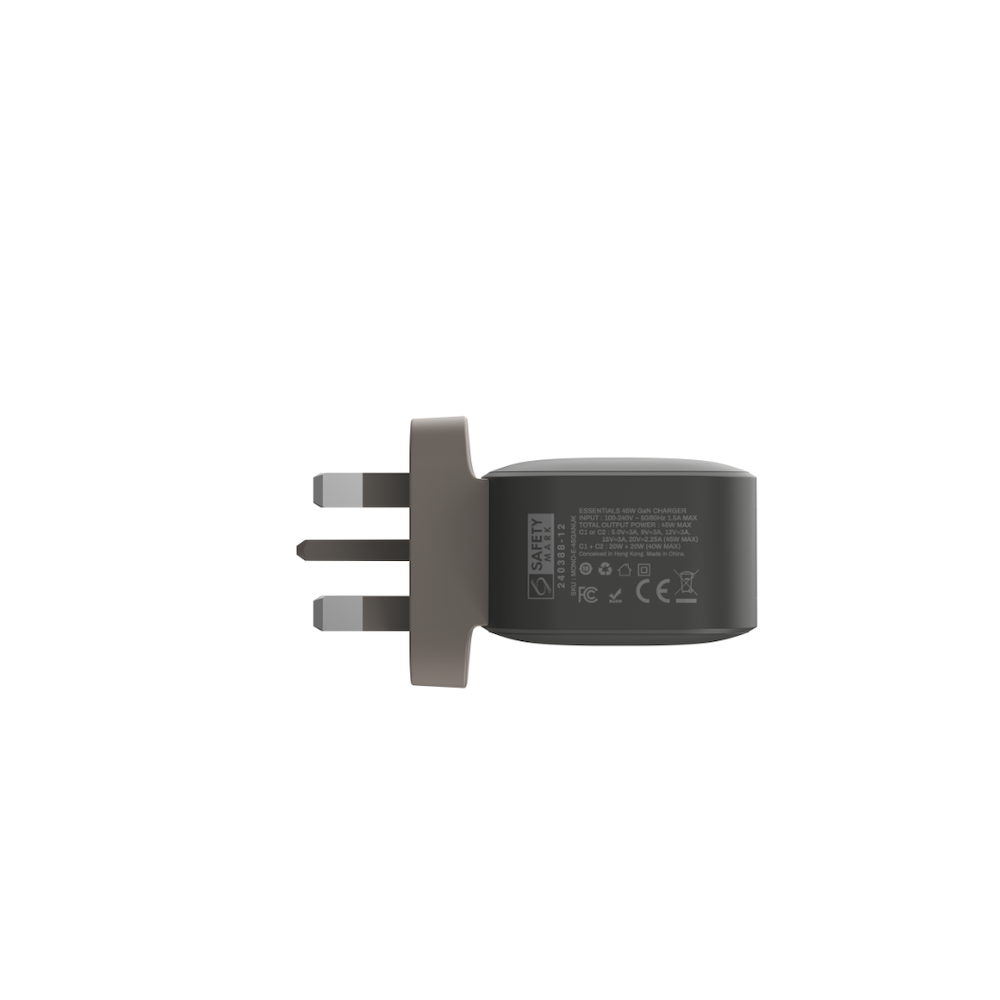 Monocozzi ESSENTIALS | 45W 2-Ports USB-C GaN Charger (UK) - Charcoal