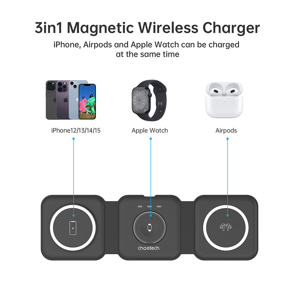 Choetech 3 in 1 Foldable and Portable Magnetic Wireless Charger - Black