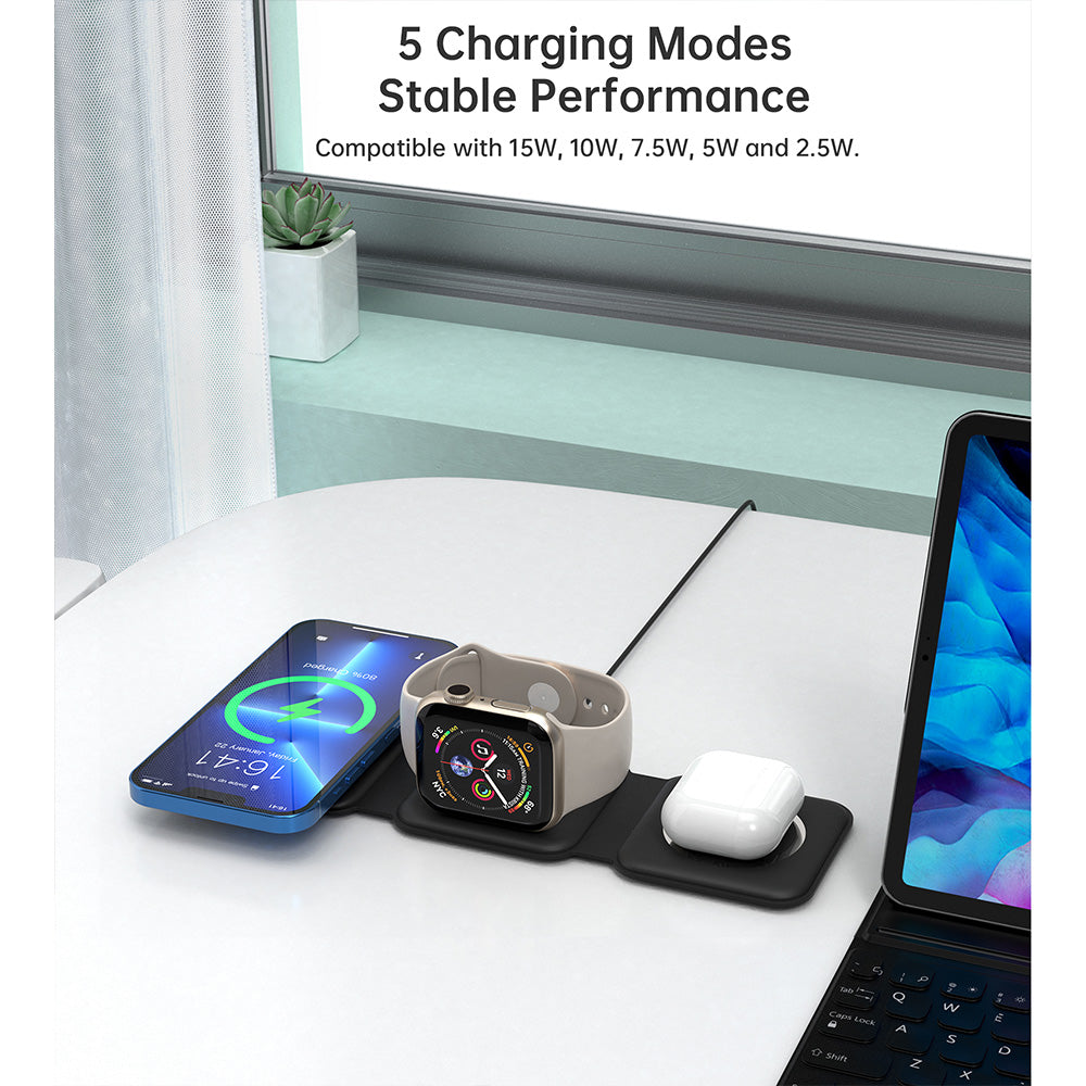 Choetech 3 in 1 Foldable and Portable Magnetic Wireless Charger - Black