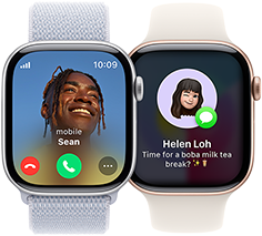 An incoming call on an Apple Watch Series 10 and an incoming text on another Apple Watch Series 10