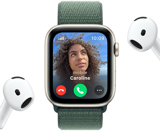 Incoming call on an Apple Watch SE, next to a pair of AirPods