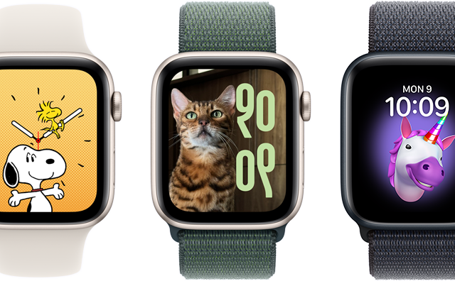 Watch face options, including Memoji, Photos, Portrait, and Snoopy, on six Apple Watch devices