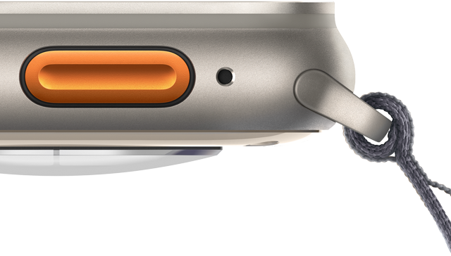 Apple Watch Ultra 2 showing orange Action button and rugged titanium case