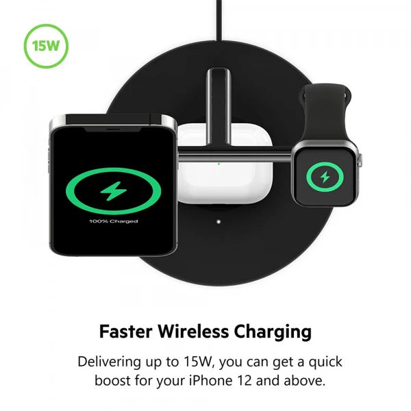 Belkin BoostCharge PRO MagSafe 3-in-1 Wireless Charger with 3-Pin UK Power Supply Unit (Black)