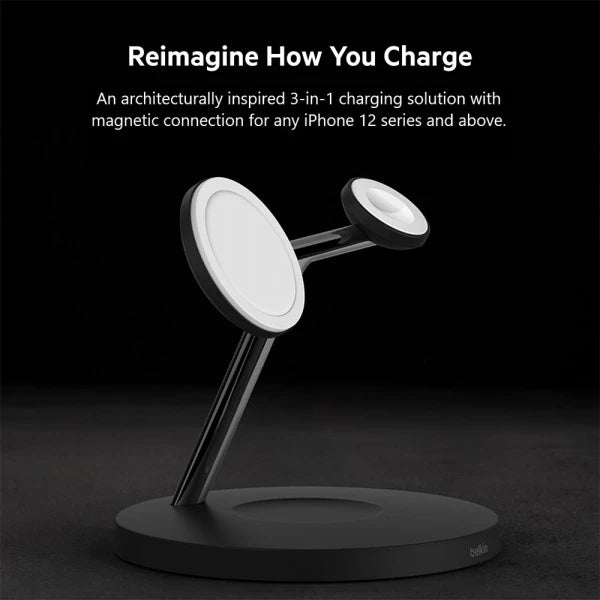 Belkin BoostCharge PRO MagSafe 3-in-1 Wireless Charger with 3-Pin UK Power Supply Unit (Black)