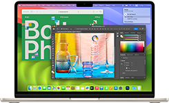 Open 13-inch MacBook Air in Starlight finish, screen showcasing Safari and Photoshop apps to demonstrate the capability of Apple silicon